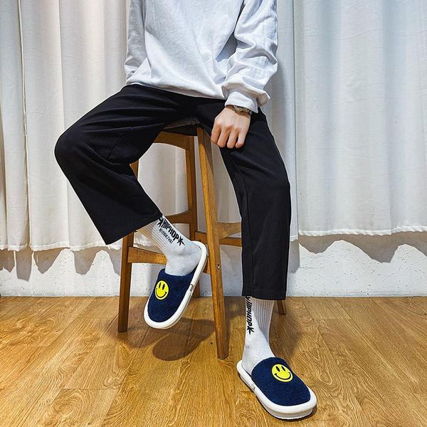 

slippers smile home winter warm shoes woman slip on flats female slides black pink cozy furry