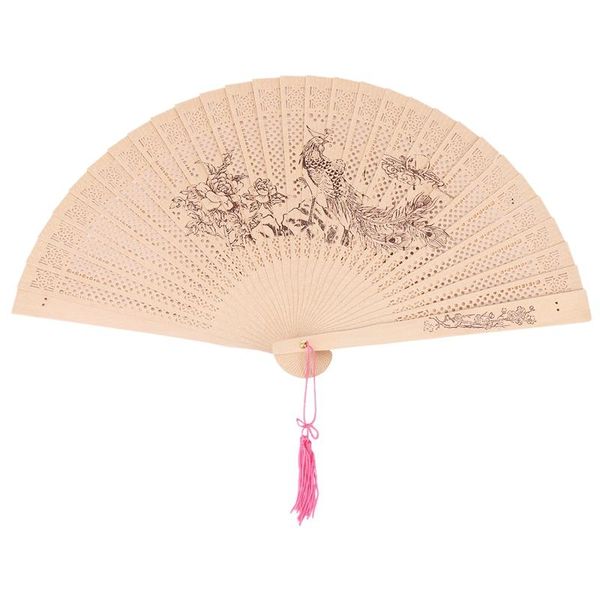 

party favor lady wintersweet peacock print scented wooden folding hand fan beige