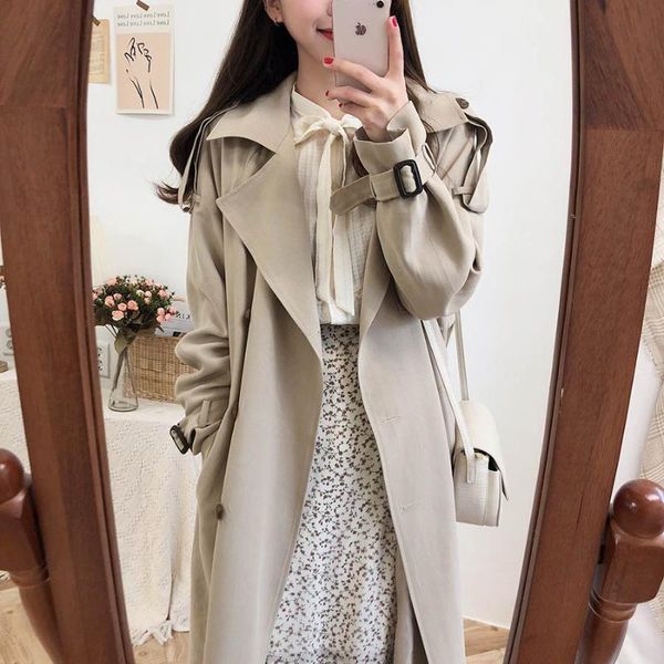 

women's trench coats spring autumn long women with belte lady khaki dress loose coat slim outerwear fashion, Tan;black