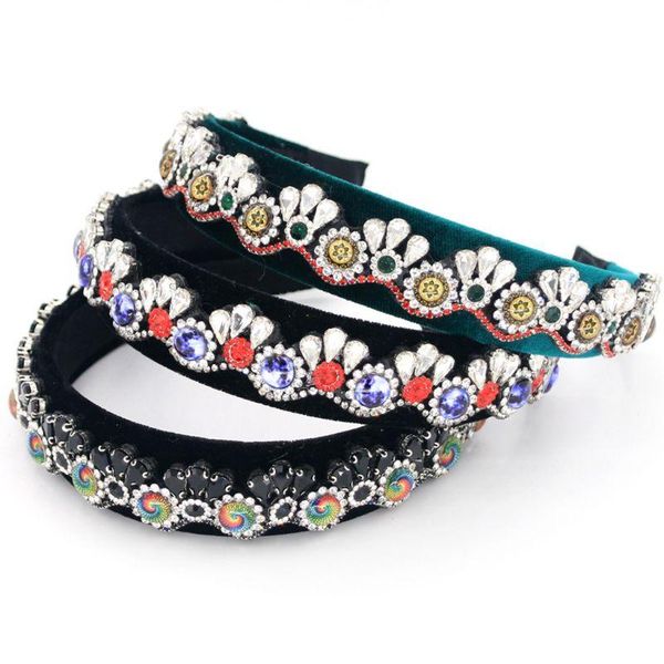

3 colors women baroque glass drill headband colorful peacock rhinestone velvet hair hoop bandana handmade jewelry crown