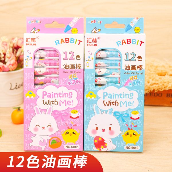 

painting pens huilin 12 hexagonal oil stick box crayon gift for children's stationery art color painting, Black;red