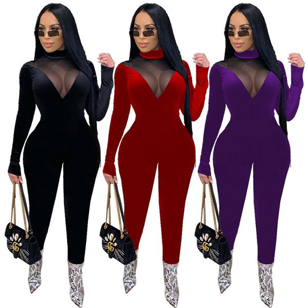 

womens designer jumpsuit romper long sleeve net gauze transparent tights one piece pants elegant fashion jumpsuit, Black;white