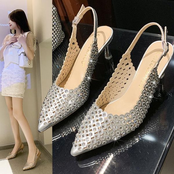 

sandals rhinestone baotou women's fashion with a back buckle, pointed toe hollow high heels, stiletto x880, Black