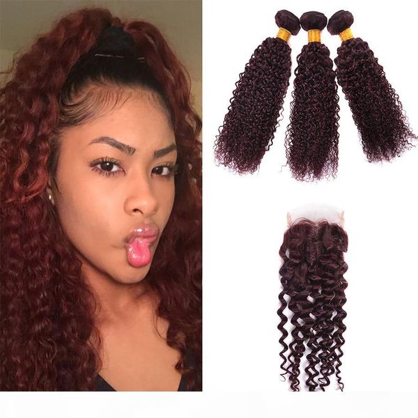 

99j wine red ombre kinky curly peruvian virgin human hair weaves 3bundles with burgundy 4x4 lace closure, Black;brown