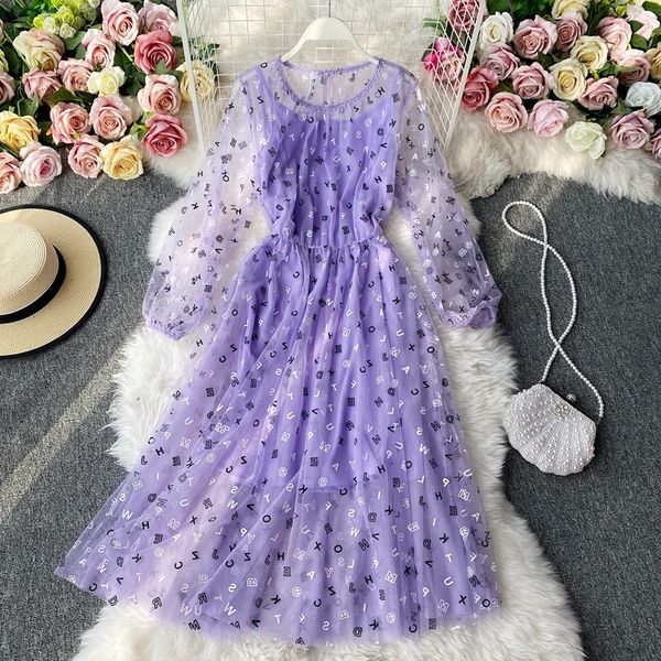 

2021 sweet purple/pink mesh midi round neck long sleeve high waist big swing vestidos casual es female autumn ib8b, Black;gray