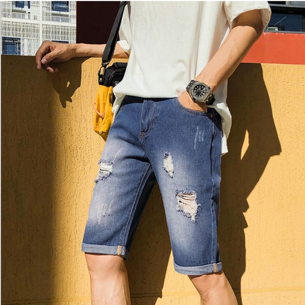 

2021 new fashion mens ripped short summer clothing catton casual breathable denim hole shorts male jeans 6vdo, Blue
