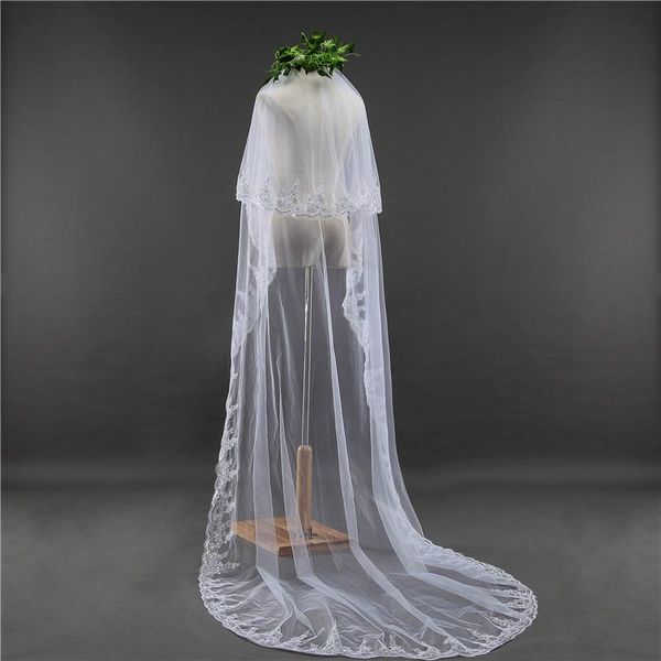 

bridal veils white ivory lace wedding veil 2 layer cathedral long veu de noiva accessories, Black