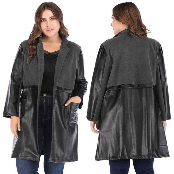 

2021 autumn and winter new large women's wear black long stand collar slim pu leather coat jr1604
