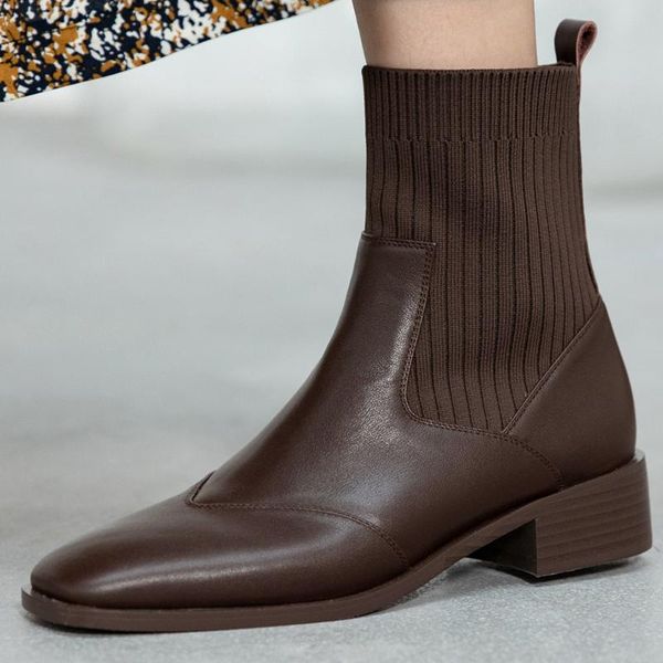 

boots women's genuine leather stretch knit patchork slip-on flats ankle square toe casual autumn short booties shoes, Black