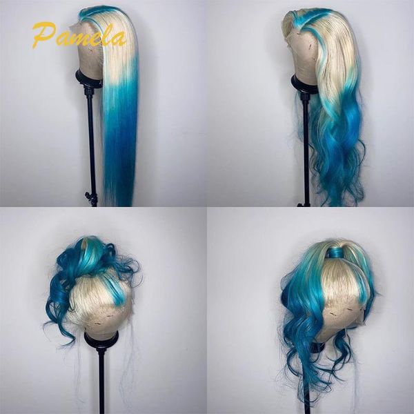

lace wigs ombre blue color 613 frontal wig highlight human hair straight front 150% density t part blonde for women, Black;brown