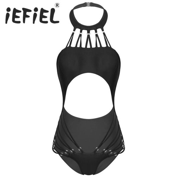 

women female one piece swimsuits off shoulder neck-buckle swimwear metal ring bikini back hollow out summer swimsuits beachwear