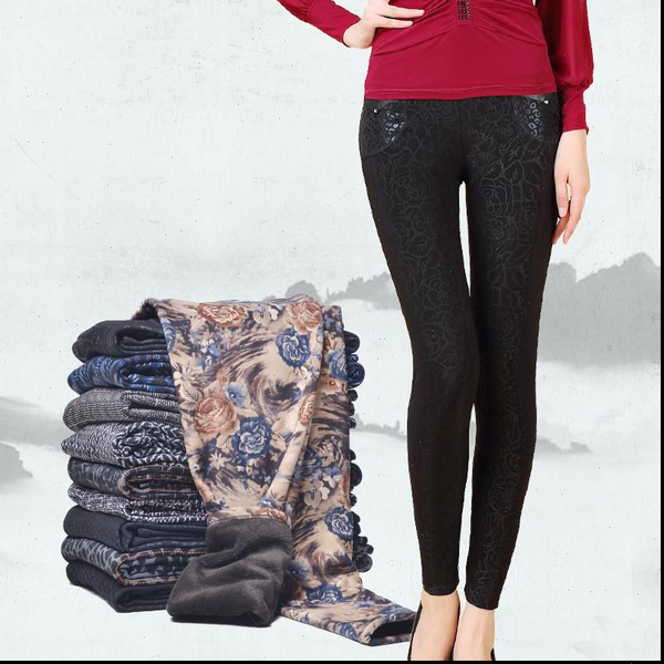 

velvet warm leggings autumn winter style women plus size xxl printing flowers 17 colors thick womens pants, Black