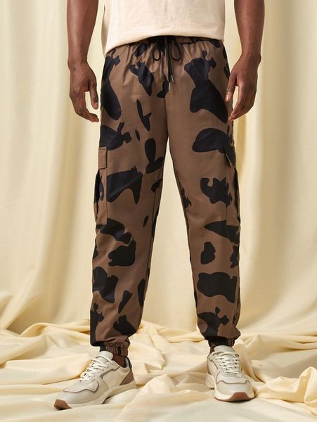 

romwe guys all over print drawstring cargo pants f1o4#, Black