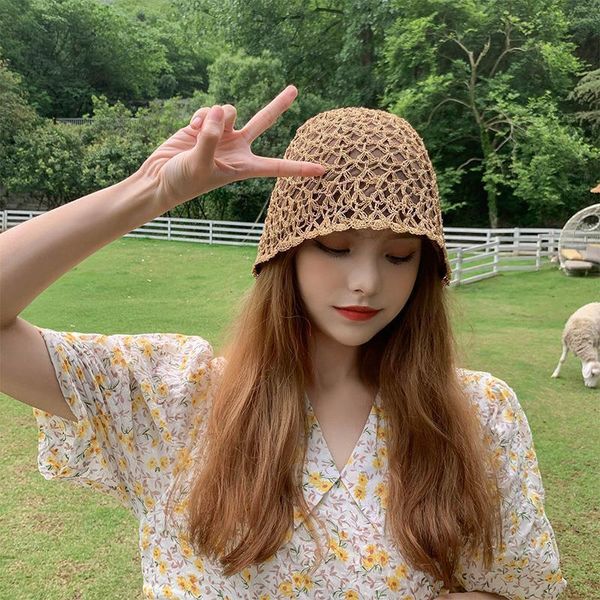 

berets japanese straw hat female summer grass woven sunshade bucket versatile sunscreen sun women headwear 2022, Blue;gray
