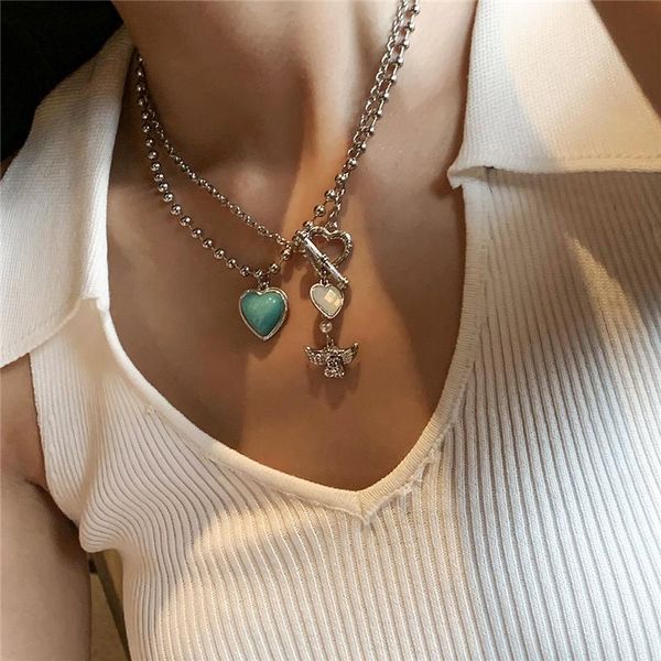 

pendant necklaces luokey vintage trendy blue heart choker for women girl multilayer stainless steel chain necklace party hip hop statement j, Silver