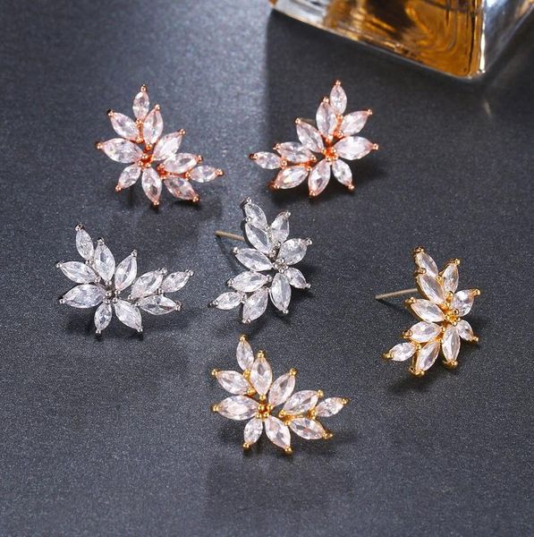 

stud ekopdee 2021 elegant flower earrings for women brass cubic zirconia female jewelry wholesale factory price, Golden;silver