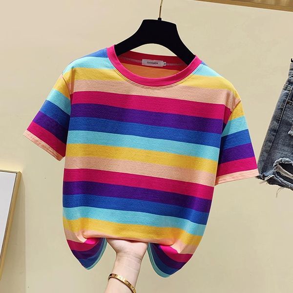 

new striped color cotton short sleeve t shirt women 2021 casual ladies summer t shirts womens clothing tee shirt femme, White