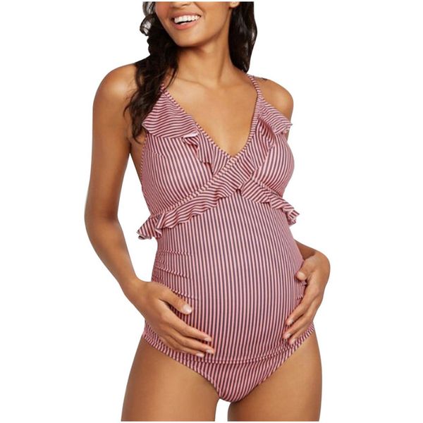 

striped maternity swimsuit, Red;black