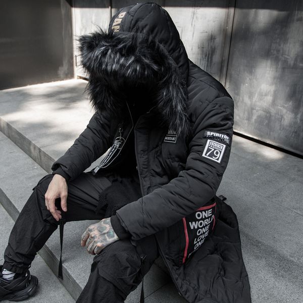 

winter mid-length cotton-padded men's loose and thick trendy padded jacket with large fur collar hood kg-98, Black