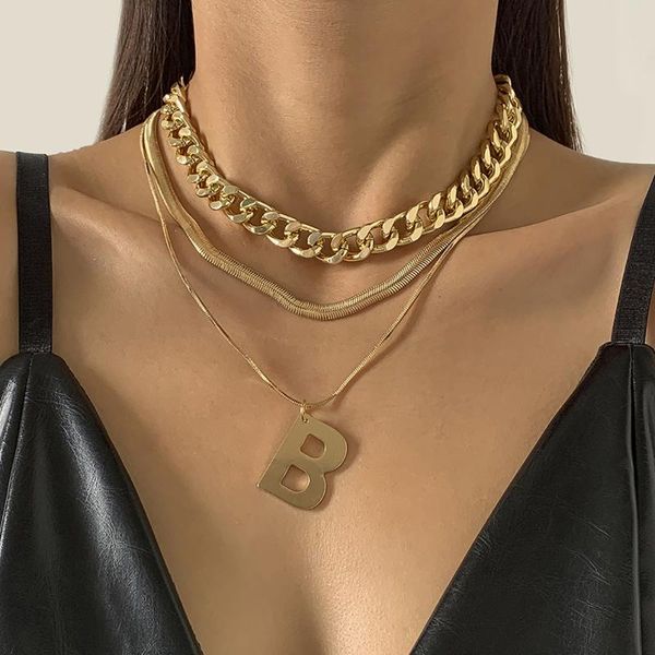 

pendant necklaces punk 3 layer hip hop 925 silver link chain choker for women men b letter snake bone necklace beach jewelry