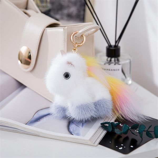 

cute fluffy for women mink wool unicorn shape pendant keyring holder charm gifts keychain on bag car trinket, Silver