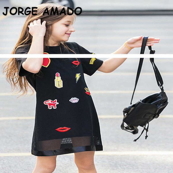 Atacado verão adolescentes menina t-shirt vestido mangas curtas amor coração batom lips estilo casual roupas kids e033 210610