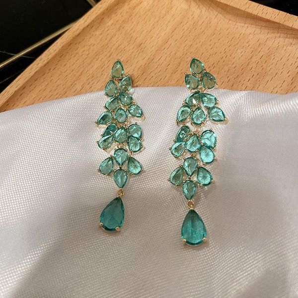 

dangle & chandelier vintage style green color crystal earrings for women jewelry luxury leaf tassel long 2021 party accessories, Silver