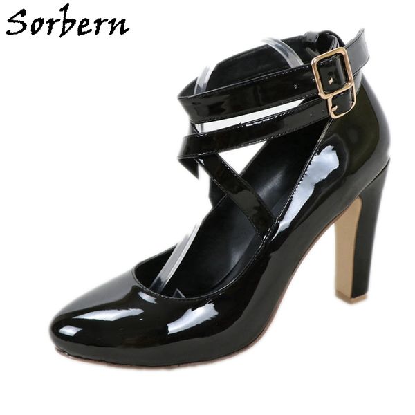 

sorbern black glossy women dress shoes vintage round toe block high heel pump chunky heeled multi colors
