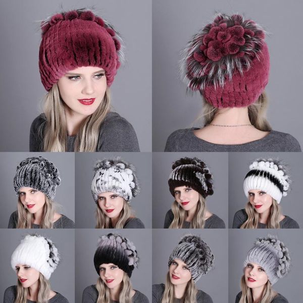 

berets natural fur hats for women winter real warm knitted rex fluffy floral elegant high-end cap 1pc, Blue;gray