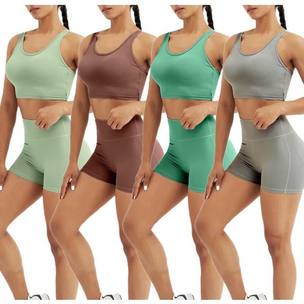 

gym clothing 2 pcs women yoga outfits set adults solid color u-shaped neck cross strap tank + bulift shorts sportswear, White;black