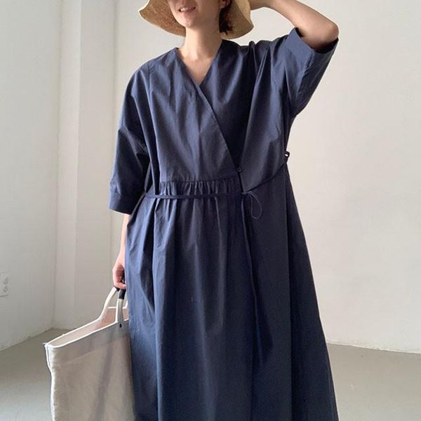 

casual dresses superaen retro solid v-neck loose plus size shirring a-line ankle-length summer dress for women, Black;gray