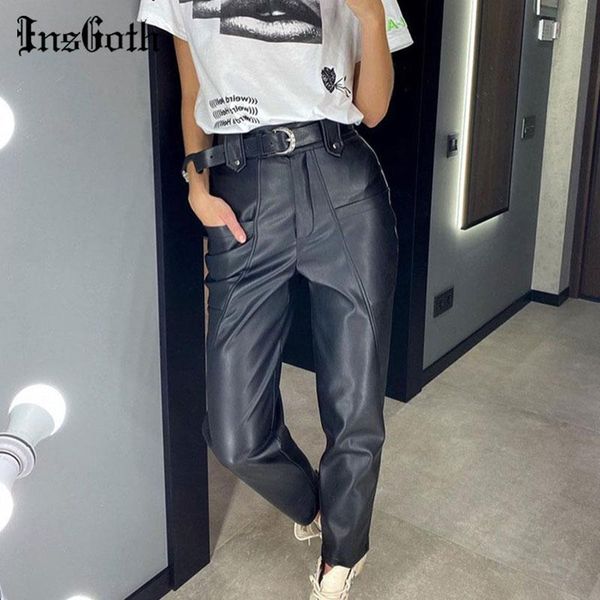 

insgoth punk streetwear black leather pants goth grunge big pocket harem trousers women harajuku fashion high waist pants, Black;white