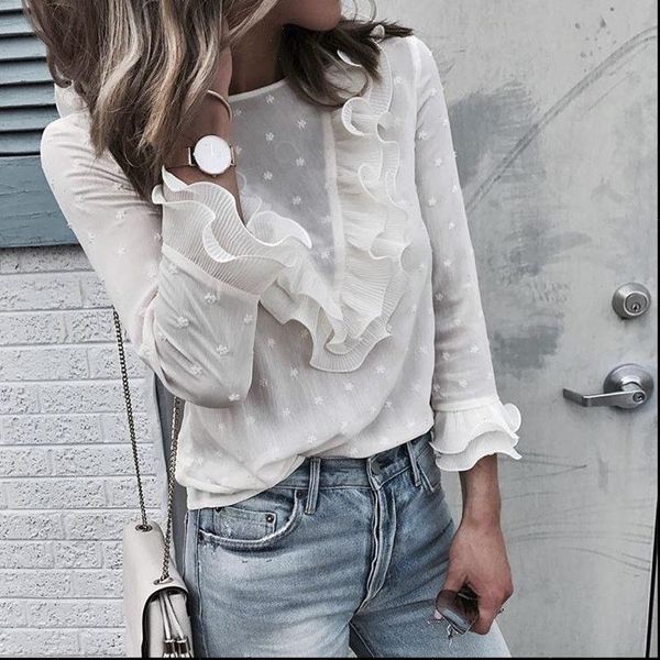 

womens boho beach ruffle frill polka dot and blouses elegant long sleeve female holiday party blouse shirt, White