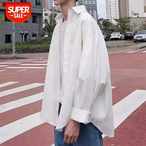 

spring autumn hong kong casual long-sleeved shirt men korean loose white shirt trend jacket streetwear oversized button up #ib2i, White;black