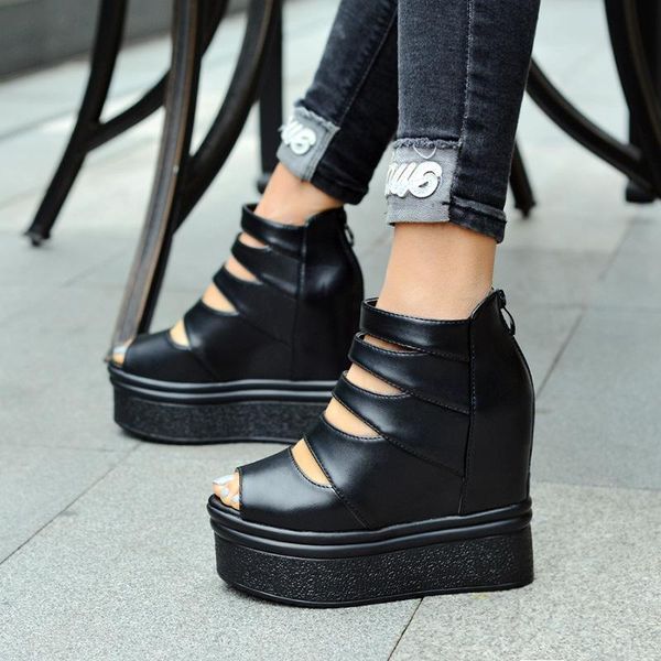 

sandals wedge heel platform high fish mouth hollow women's shoes 2021 spring and autumn, Black