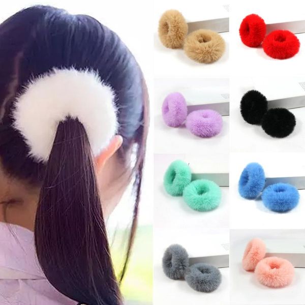 

hair accessories 1pair child girl fluffy scrunchies hand made elastic headwear bands ring ponytail holder tie decoration accessory, Slivery;white