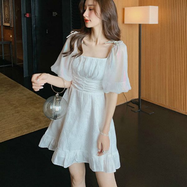 

2021 new french women elegant sleeve mini fairy summer korean japan style kawaii vintage retro white raiow p24x, Black;gray