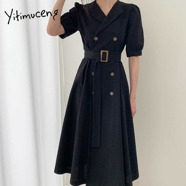 

yitimuceng midi dresses for women summer office lady elegant dress puff sleeve high waist sundress korean fashion 210601, Black;gray