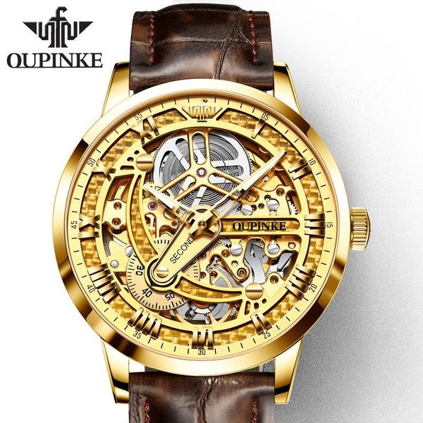 

wristwatches oupinke men watch waterproof fashion luminous hollow out watches for mens wrist mechanical automatic luxury man, Slivery;brown
