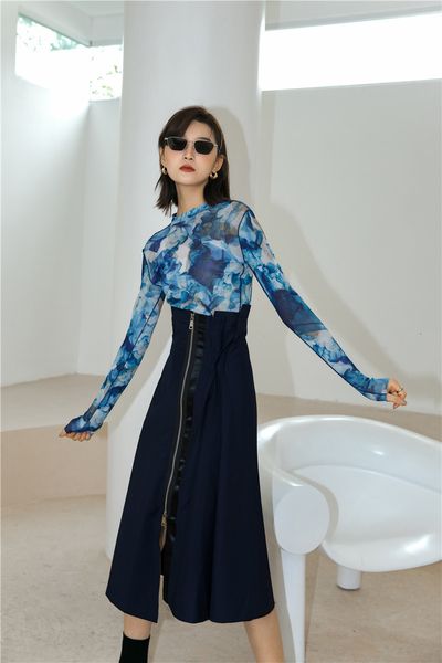 

2021 new summer mesh long sleeve tshirt women blue printed t sheer transparent tight r tee shirt qdlm, White