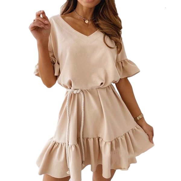 

2021 new women ruffle short sleeve summer v neck ruffles hem sashes line holiday sun 9fe0, Black;gray
