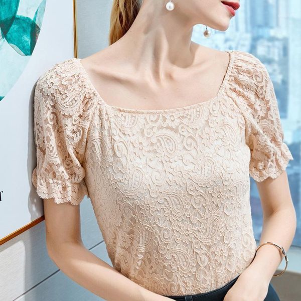 

women's t-shirt lace short sleeve summer 2021 wear hollow out trumpet with exposed collarbone, White
