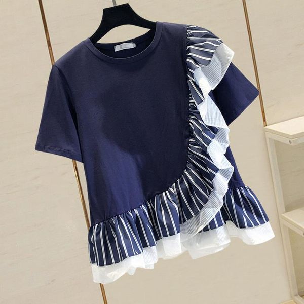 

short summer pull shirt woman new chiffon stripe stitching loose short sleeve blouse with lotus leaf edge girls ladies loose, White