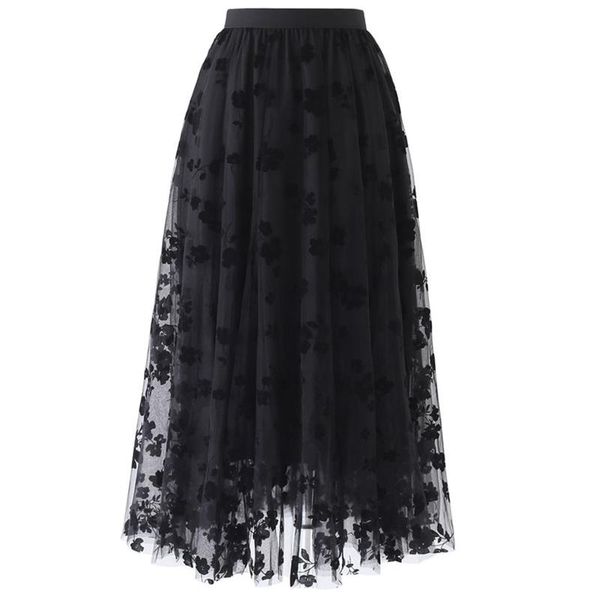 

skirts 2021 spring summer long pleated tulle skirt women korean mesh floral embroidery high waist aesthetic midi female, Black