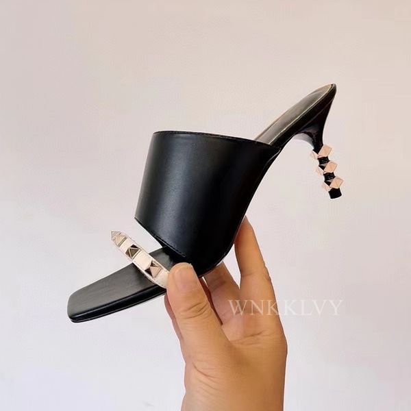 

70% off wholesale flip-flops new rivet high heels slippers women real leather open toe sandals summer dress party shoes for ladies sandalias, Black