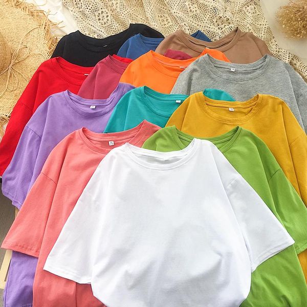 

candy color 2021 summer women tees loose minimalist basic vintage casual solid short sleeved t shirt girls plus size shirts, White