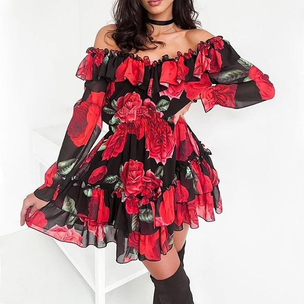 

casual dresses elegant floral print flowy dress off shoulder slash neck long sleeve ruffle swing short female chic party vestidos, Black;gray