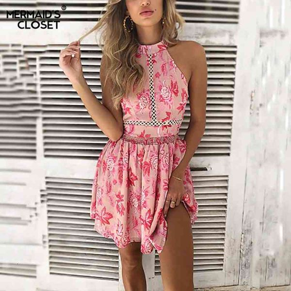 

casual dresses womens summer mini floral print sleeveless lace patchwork pink femme boho a line short sundress yekk, Black;gray