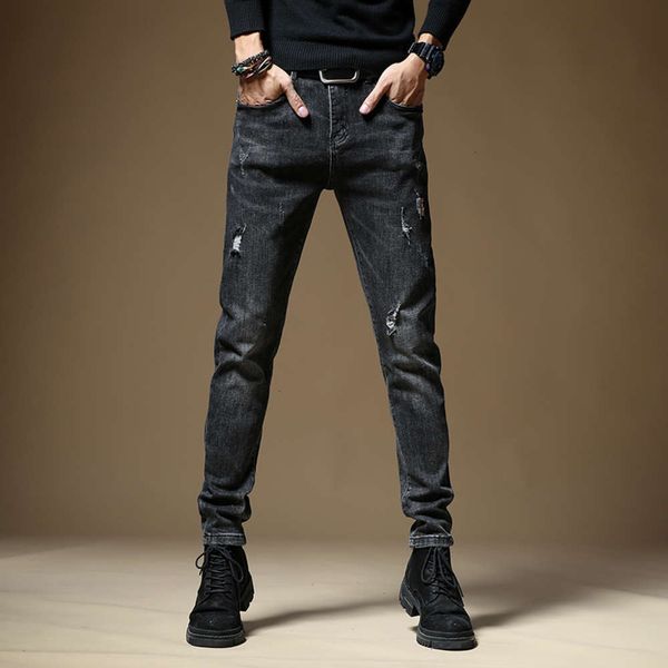 

autumn jeans straight tube korean stretch leisure men's slim and handsome pants hole trendwinter, Blue