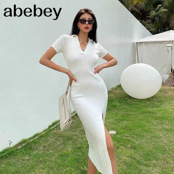 

summer dress white black v neck tight knitted dress with slit y2k 90s plus size short sleeve bodycon midi womens dresses 210715, Black;gray